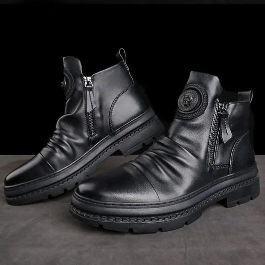 British Style Men's Motorcycle Leather Boots: High-Top Casual Platform Shoes